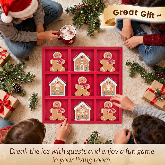 GENMOUS Christmas Tic Tac Toe Game Board Indoor Game, 10.6 Inch Rustic Giant Tic Tac Toe with Gingerbread Man and Igloo, Xmas Coffee Table Decor, Fun for Home Room Holiday Decorations