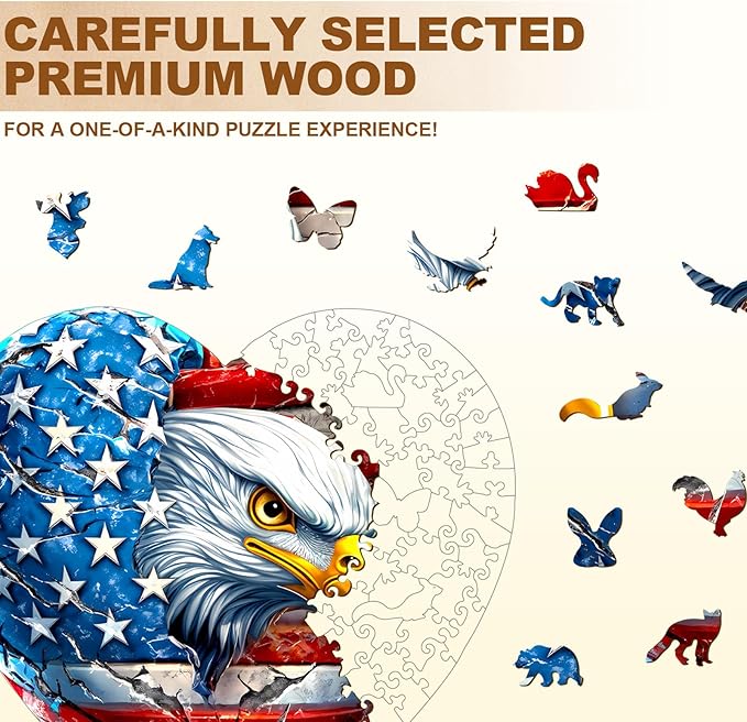 Wooden Puzzles for Adults, Patriotic Eagle Wooden Jigsaw Puzzle Unique Shape Animal Wood Puzzles Adult 3D Visual Effect, Birthday Gifts for Puzzle Lovers Family Games (M-11.4 * 10.9in-180pcs)