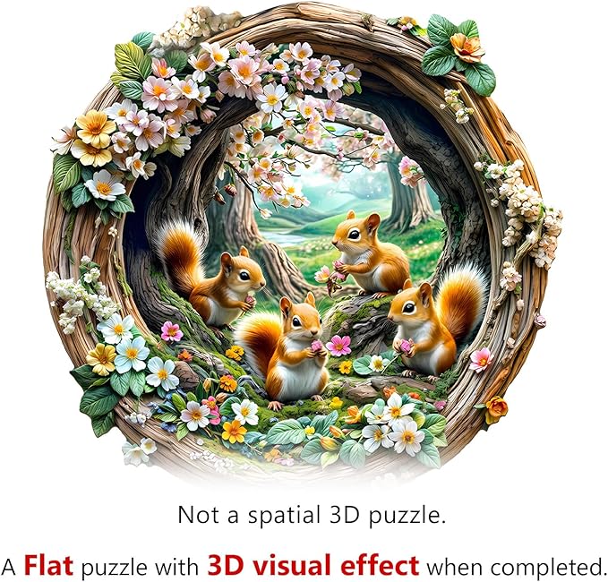 Wooden Puzzles for Adults, Wooden Jigsaw Puzzles for Adults, 3D Vision Effect-3D Spring Squirrel Unique Shaped Wood Puzzles Adult, Creative Birthday Gifts for Friends Family Game(11.4 * 11.1in 200pcs)