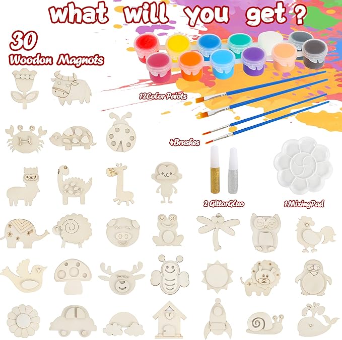 Glintoper 30 Wooden Magnet Painting Craft Kit, Paint Your Own Easter Art and Craft Supplies, Basket Stuffers Party Favors for Boys Girls, Classroom Prize Goodie Bag Gifts