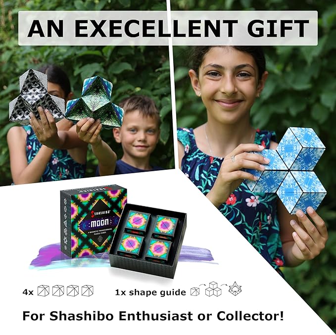 SHASHIBO Shape Shifting Box - Award-Winning, Patented Fidget Cube w/ 36 Rare Earth Magnets - Transforms Into Over 70 Shapes, Gift Box, Download Fun in Motion Toys Mobile App (Moon, 4 Pack)