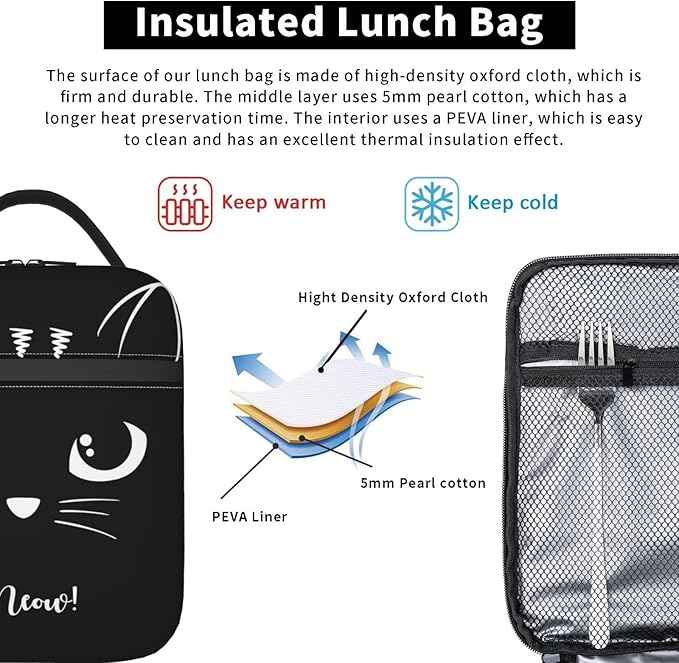 Black Cat Reusable Lunch Box Food Bag Insulated Lunch Bag for Teenage Boys Girls School Beach