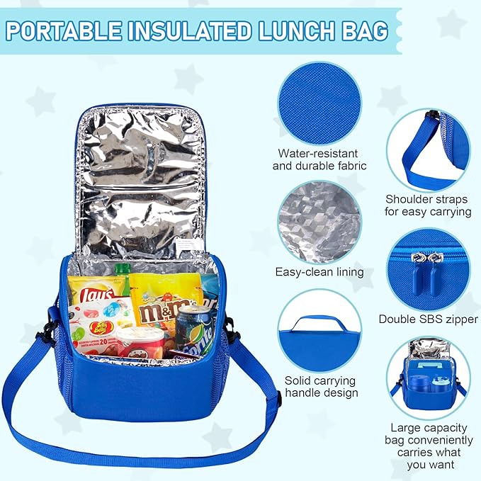 Bento Lunch Box for Kids with 17oz Soup Thermo,Insulated Tumbler Water Bottle and Insulated Lunch Bag,Leak-Proof 3 Compartment Lunch Food Container with with Ice Pack for Kids to School-Blue