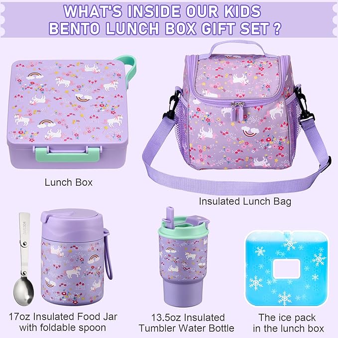 Bento Lunch Box for Kids with 17oz Soup Thermo,Insulated Tumbler Water Bottle and Insulated Lunch Bag,Leak-Proof 3 Compartment Lunch Food Container with with Ice Pack for Kids to School-Horse