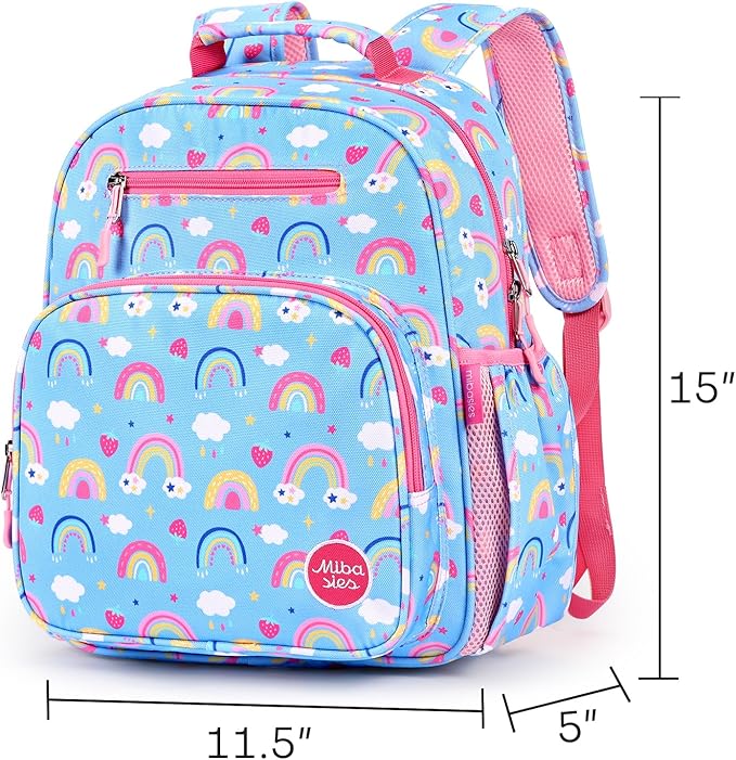 mibasies Kids Backpack for Girls: Girls Backpack 5-8 - Kindergarten Elementary School Bookbag for Girl - Rainbow Blue