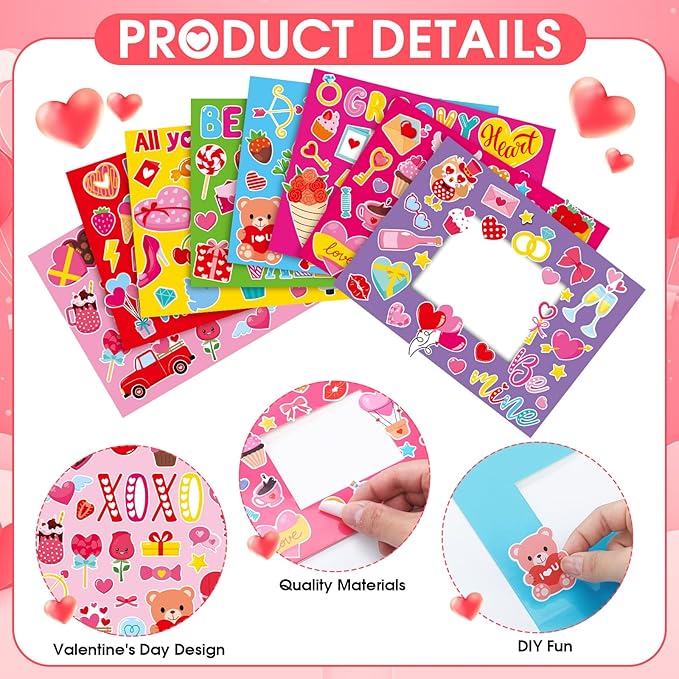 Jetec 48 Set Valentine's Day Picture Frame Craft Kits DIY Valentines Photo Frame Craft Gift with XOXO Heart Stickers for Valentine's Day Home Party Decoration School Classroom Activities