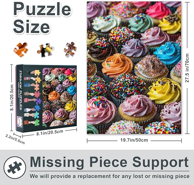 1000 Piece Puzzle for Adults - Delicious Cupcakes with Icing Jigsaw Puzzles, Whimsical Bakery Scene Adult Puzzles 1000 Pieces, Challenging Candy-Colored Design - 27.5x19.7 Inches
