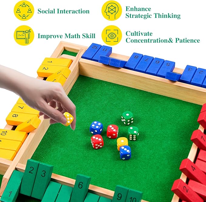 14 inches Shut The Box Dice Game, 2-4 Player Upgraded 12 Numbers Wooden Board Table Math Games for Adults and Kids, 12 Dices Classics Tabletop Version Games for Classroom,Home,Party or Pub