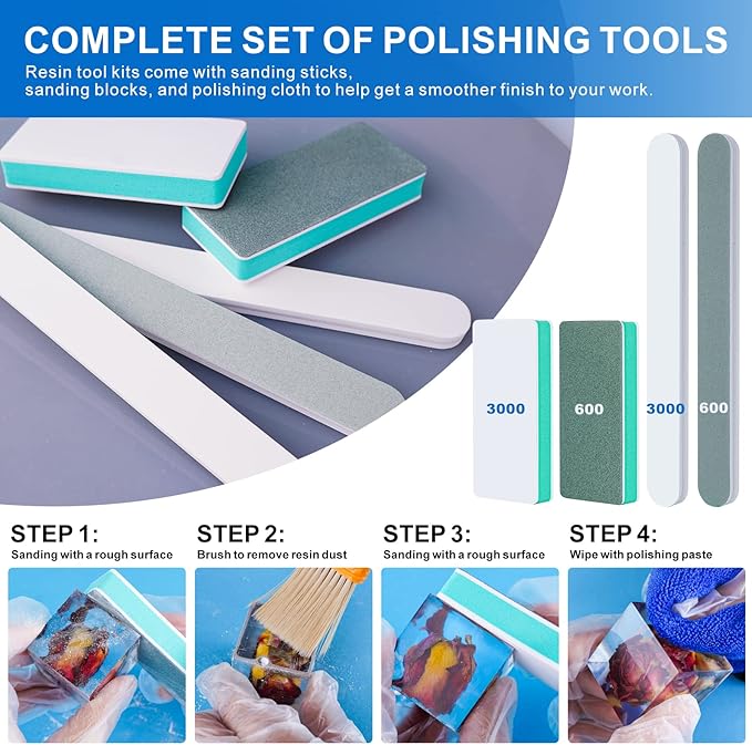 LET'S RESIN Polishing Kit,33Pcs Resin Supplies with Sandpaper,Resin File Kit,Polishing Strips&Blocks,Scissors,Wooden Brush,Cloth, Tools for Jewelry Making Supplies, Silicone Molds
