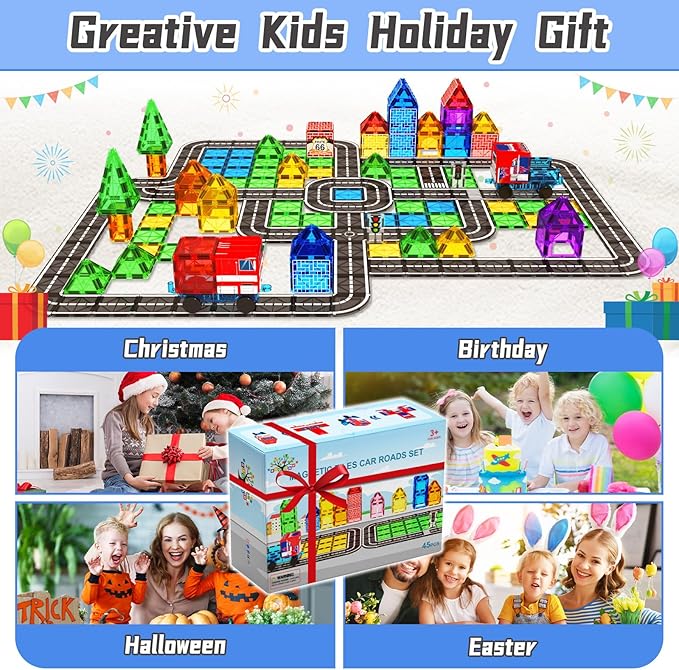 Magnetic Tiles Road Car Set, Toddler Magnetic Building Blocks Toys for 3 4 5 6 7 Year Old Boys Girls, Kids Montessori STEM Sensory Preschool Classroom Educational Learning Games Easter Birthday Gifts