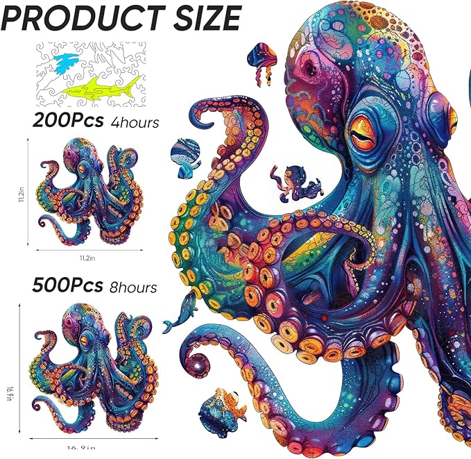 Wooden Puzzles for Adults, Octopus Ocean Jigsaw Puzzles 200 Pieces Unique Animal Adult Puzzles, Irregular Wood Puzzles Creative Gift for Adults and Kids Family Game (11.2x11.2 in)