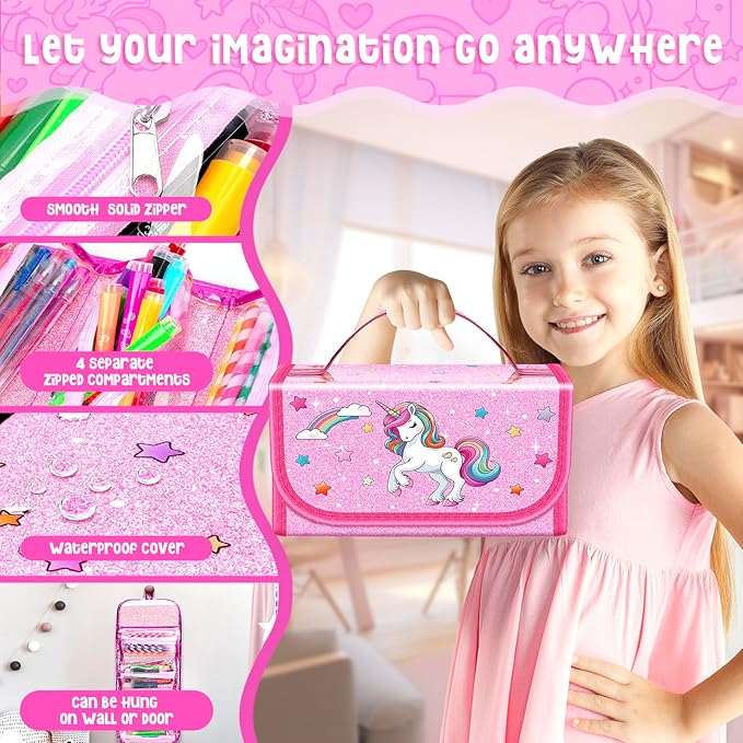 Washable Markers Set with Glitter Unicorn Pencil Case, Art Supplies for Kids Ages 5-6-8, Birthday Gifts Toys for Girls 5 6 7 8 9 10 Year Old, Arts Crafts Coloring Set with Crayon, Pencil, Gel Pen