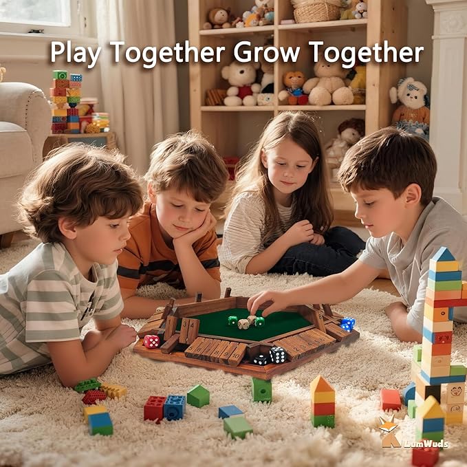 Shut The Box Game Wooden Board Game for 1-6 Players with 16 Dice, Dice Game for Adults & Kids at Home, Classroom or Parties