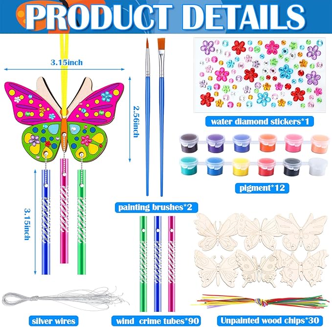 JellyArch 30 Pack Butterfly Wind Chime Making Kit for Kids Make Your Own Wind Chime Butterfly Wooden Crafts Ornaments for Girls Boys DIY Activity Birthday Spring Summer Decoration