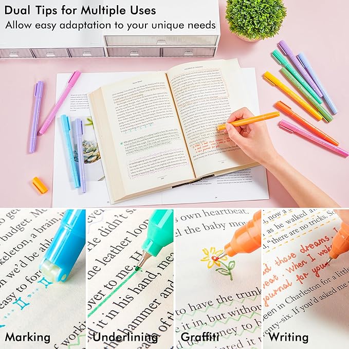 12 Pastel Colored Curve Highlighter Pen Set, 10 Different Shapes Dual Tip Aesthetic and Cute Markers for Kids Adults Journaling Drawing Note Taking Planner Scrapbook Art School Supplies