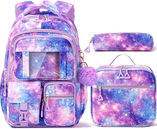Fimibuke Girls Backpack with Lunch Box & Pencil Bag - Waterproof Kids Backpack for Ages 6+ Elementary Middle School Teens, Roomy Interior & Multi-Pocket