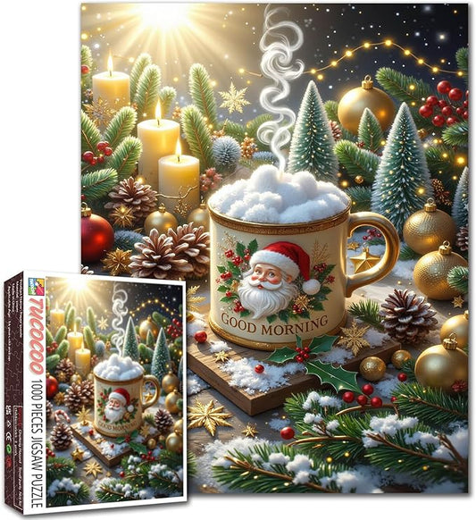Merry Christmas 1000 Piece Jigsaw Puzzles for Adults Cup of Hot Chocolate Painting Jigsaw Puzzle Santa Claus/Christmas Father Puzzles 20''x27”inch Xmas Trees1000 Pieces Wall Decor Family Challenging