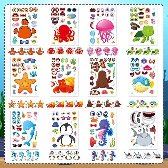 48 Sheets Ocean Stickers for Kids, Make Your Own Sea Animal Mix and Match Sticker Sheets, Make a Face Sticker, Summer Stickers for Kids 3-5 Birthday Party Favor, Teacher Reward