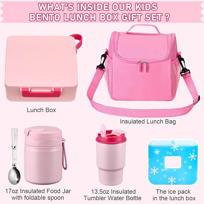 Bento Lunch Box for Kids with 17oz Soup Thermo,Insulated Tumbler Water Bottle and Insulated Lunch Bag,Leak-Proof 3 Compartment Lunch Food Container with with Ice Pack for Kids to School-Pink