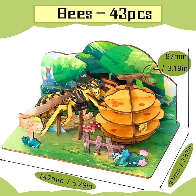 3D Wooden Puzzle for Adults, Teens and Kids - Contnovin 3D Bees Puzzle,43 Pieces DIY Model Building Kit, Creative Craft Decor, Relaxing Desktop Ornament, Unique Gift for Birthday and Christmas