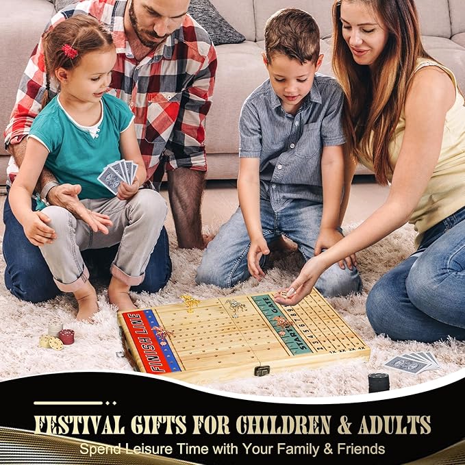 21 Inches Horse Racing Game, Horse Race Board Games with 11 Luxury Metal Horses,Thickened Wood Chessboard,Chips,Cards and Dice,Classic Wooden Table Top Board Games for Adults and Family