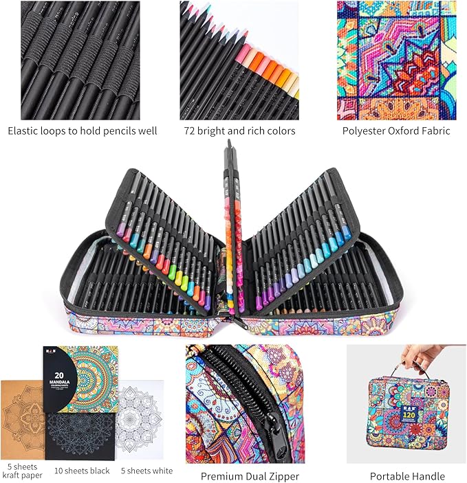 H & B 120-Color Black Wood Colored Pencils Set with Coloring Book, Eraser, Sharpener - Drawing and Coloring - Artist-Grade Soft Oil-Based Cores - Works on Black Paper