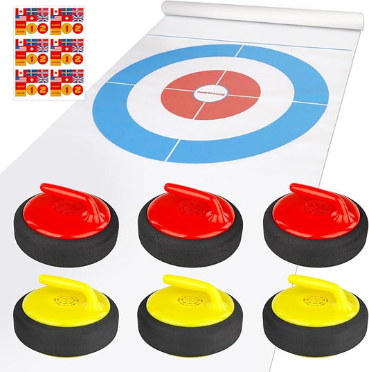 HearthSong Curling Zone – Indoor Battery Operated Hovering Curling Set – Fun Family Game for Kids and Adults – 6 Curling Stones and Floor Mat – Olympic Sport Party Game Equipment – Age 3+