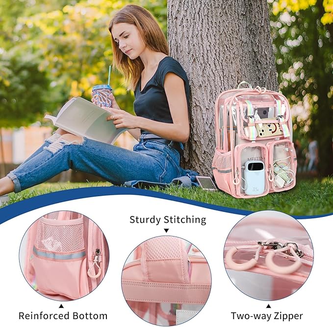 Clear Backpack for School - 17" Transparent Backpacks With Water-Resistant PVC Plastic Material and Ruggedly Reinforced Shoulder Straps, School Bag for Teen Boys Girls Pink