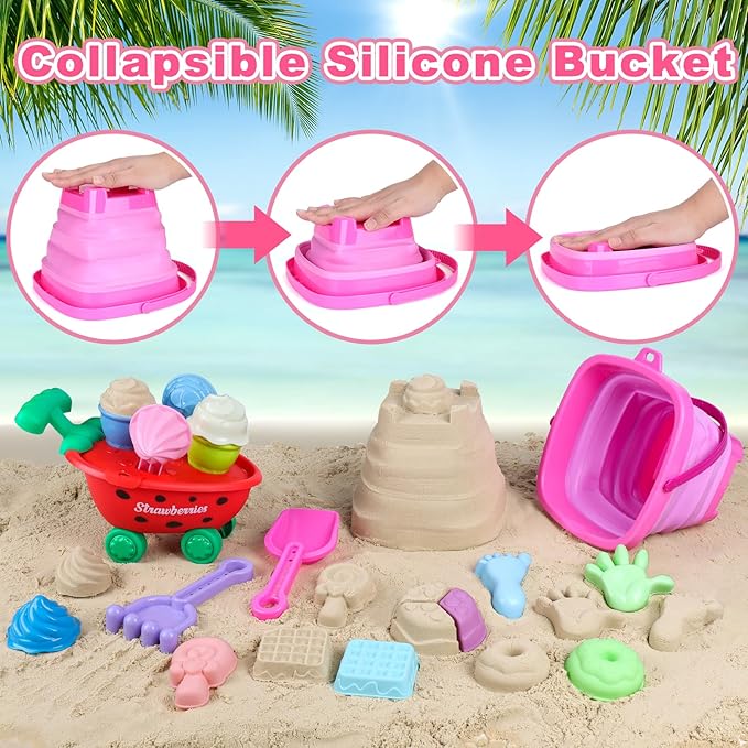 Beach Toys, Ice Cream Sand Toys with Collapsible Beach Bucket, Ice Cream Scoop and Cart, Sand Molds, Mesh Bag, Summer Outdoor Travel Toys for Toddlers 3-5