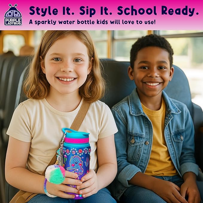 PURPLE LADYBUG Decorate Your Own Water Bottle for Girls, 22oz - Mermaid Peel-and-Stick Gemstones, Charms & Stickers Craft Set, Great Birthday Gifts for Girls 5-10 Years Old, Christmas Gift for Girl