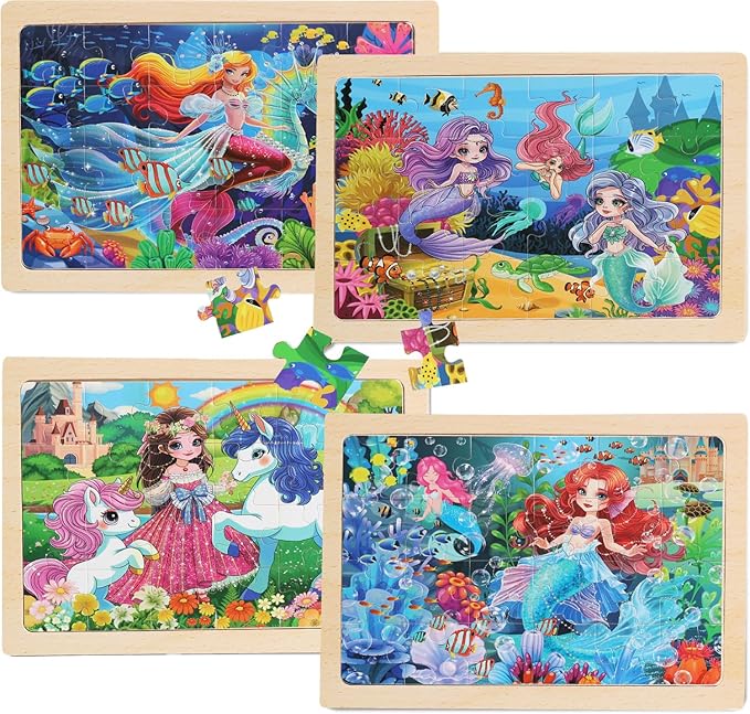 Wooden Puzzles for Kids Ages 4-6, 4 Packs 24 PCs Unicorn Mermaid Princess Fairy Jigsaw Puzzles, Preschool Educational Brain Teaser Toys for Girls 3 4 5 6 Years Old