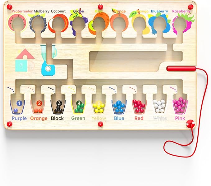 Magnetic Maze Board for Kids Age 3-5, Montessori Educational Wooden for All Toddlers 3 Busy Board, Preschool Learning Adventure, Fine Motor Skills, Fruits Colors Puzzle, Autism-Friendly Toy