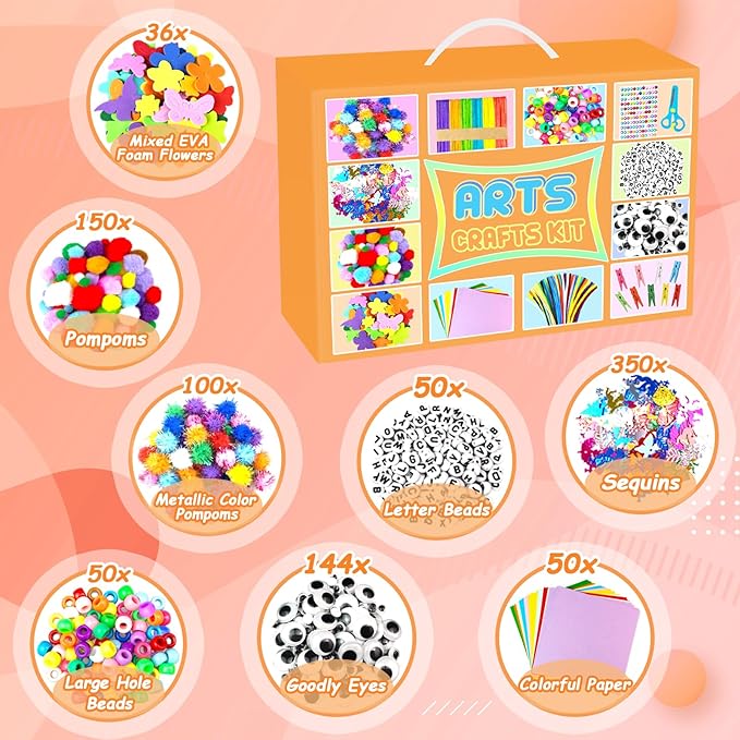 2000 PCS Arts and Crafts Supplies for Kids All-in-1 Craft Kit with Pipe Cleaners Craft Box Set DIY Crafting Supply School Supplies Toys Gifts for Girls Boys Ages 4-6, 6-8, 8-12, Orange