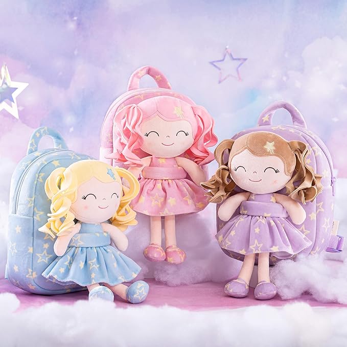 Gloveleya Toddler Backpack Baby Girl Gifts Curly Hair Plush Figures Dress Backpack Kids Backpack Curly Hair Spring Girl - Pink Head Pink Star 9inches