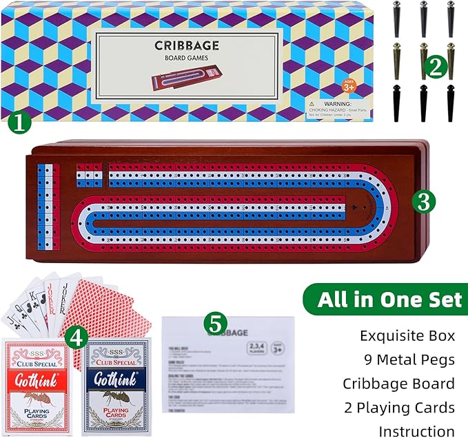 15 Inch Large Wooden Cribbage Board Game Set – 3-Track Scoreboard with Storage Slots for 2 Cards & 9 Metal Pegs – Portable Travel Table Game for Kids Adults & Family Night