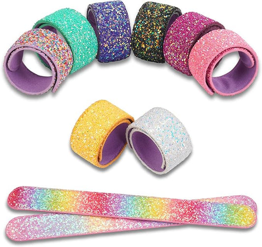 10PCS Glitter Slap Bracelets for Kids Girls Party Favors Supplies Rainbow Slap Wristband with Soft Suede Lining Kids Birthday Gifts Easter Egg Filler Classroom Prizes
