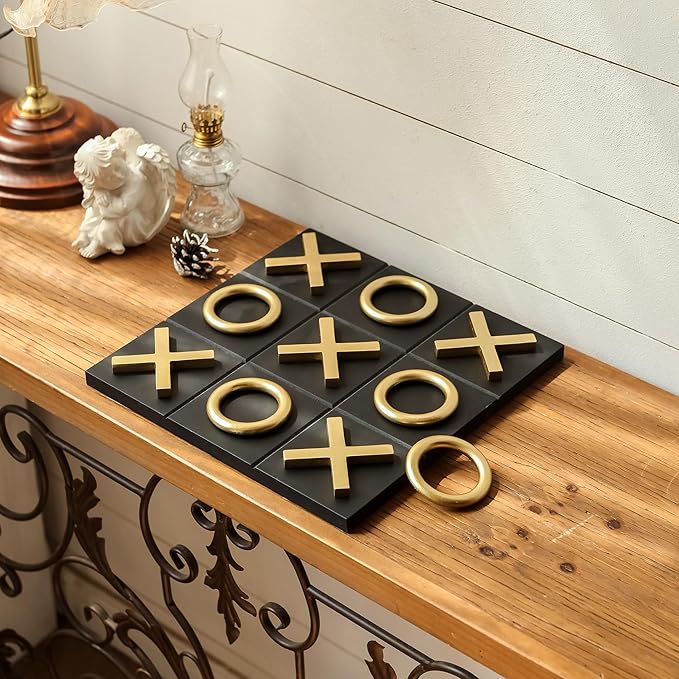 NIKKY HOME 12x12 Inch Tic Tac Toe Wood Game Board Classic Coffee Table Decor Modern Wooden Travel Game for Family, Black & Gold