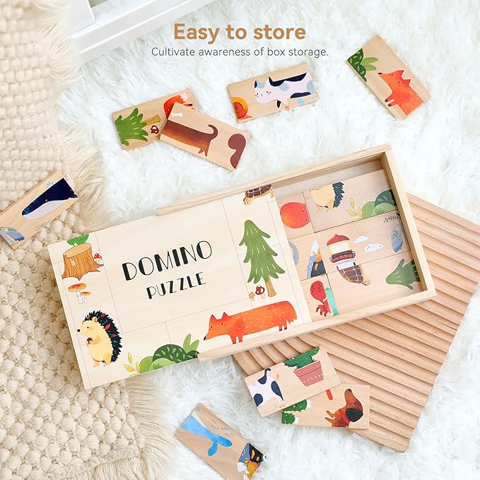 Wooden Puzzles for Toddlers Toddler Puzzles – Montessori Animal Toy Puzzle for Toddlers 3-5 Year Old – Wood Toy Learning Realistic Animals for Boy and Girl(Domino Shape)