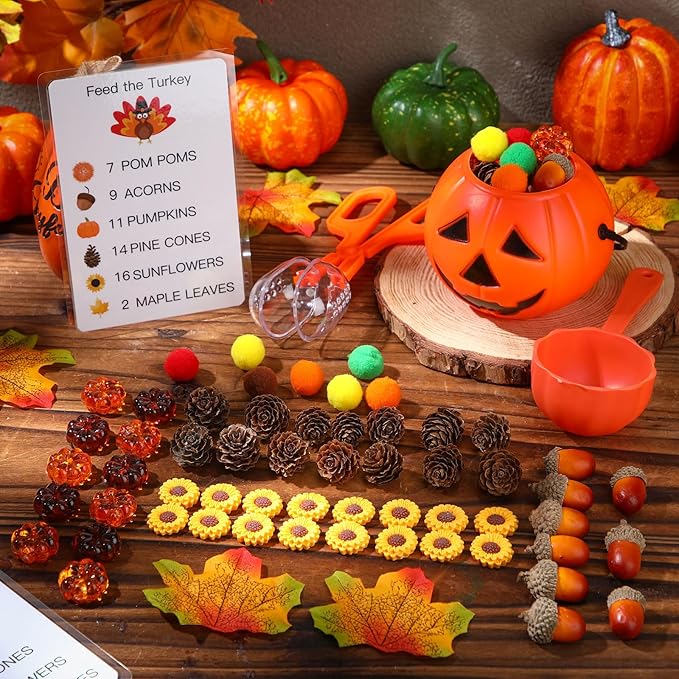 149 Pcs Thanksgiving Fine Motor Skills Sensory Bin Filler Set Include Cognitive Cards Acorn Maple Leaf Sunflower Pinecone Pumpkin Decor for Sorting Counting Training Development