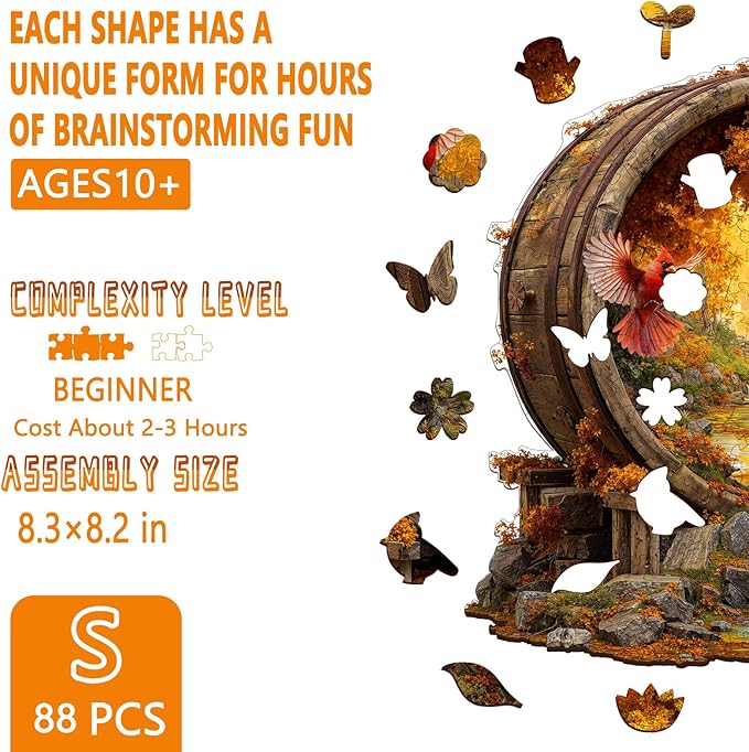 Wooden Puzzles for Adults, Scenery in Barrel Wooden Jigsaw Puzzle, Unique Shape Wood Puzzles Adult, Presents for Women and Men, Wall Art Home Decor (S-8.3 * 8.2in-88 Pieces)