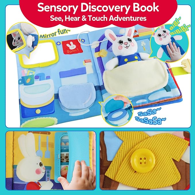 Montessori Busy Book for Toddlers 1-3,Busy Board with 12 Sensory Activities & Fine Motor Skills,Travel Toys for Airplane Car,Educational Learning Gift for 1 2 3 Year Old Boys Girls