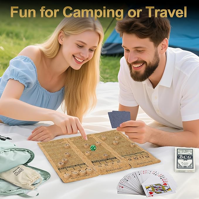 Horse Race Board Game, Portable Horse Racing Game with Rollable Cork Mat, 12 Solid Wooden Horses, 2 D12 & Cards, Travel Horse Game with Storage Bag, Travel Board Games for Family Nights Party Gifts