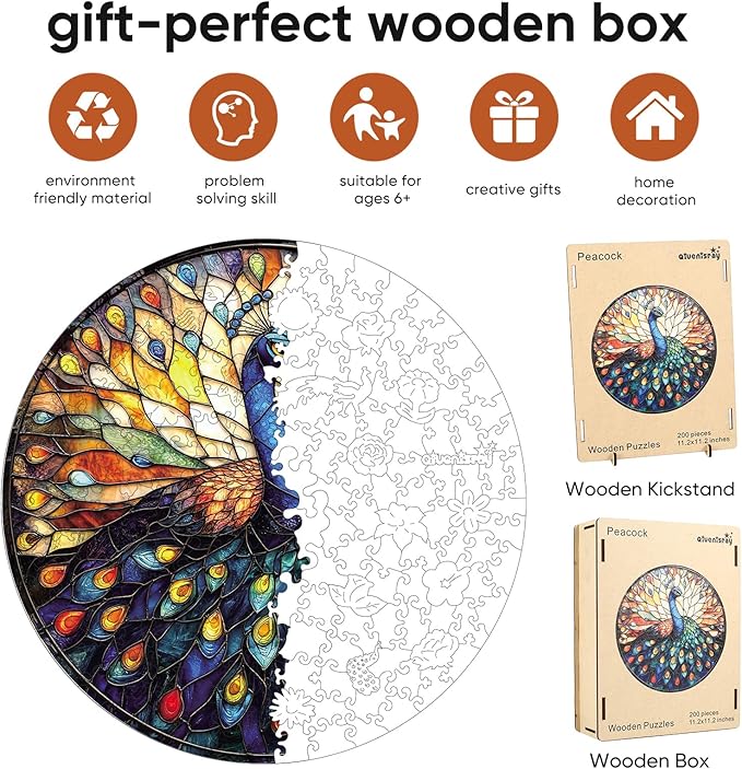 Wooden Puzzles for Adults, Peacock Jigsaw Puzzles, Unique Shape Adult Puzzles, Irregular Christmas Thanksgiving Gifts for Family Friend(11.2 * 11.2 in-200pcs)