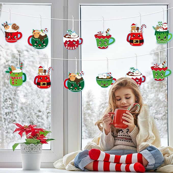 EZdhuawuse Christmas Hot Cocoa Craft Kits - 123 Christmas Hot Cocoa DIY Art Sticker Ornaments for Kids, Make Your Own Xmas Hot Cocoa Coffee Cup Art Hanging Ornaments for Christmas Tree Door Wall Decor