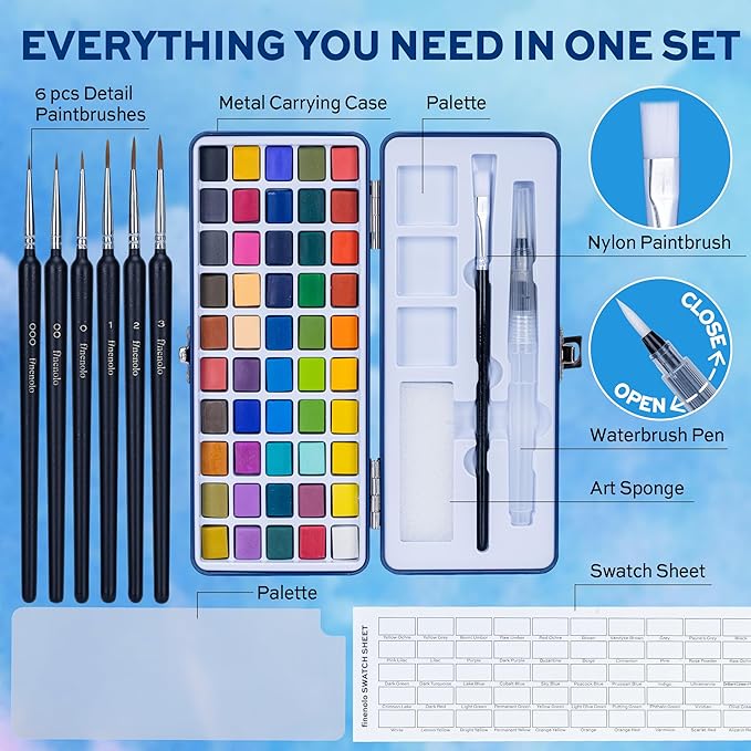 50-Color Watercolor Paint Set with 8 Brushes (Water Brush + Detail Brushes), 3 Mixing Palettes & Complete Accessories, Perfect for Beginners,Great for Outdoor Sketching, Painting Creation, Holiday Gifts