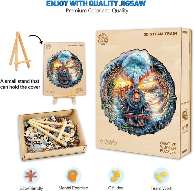 Wooden Puzzle for Adults - 3D Visual Steam Train When Completed - Unique Gift for Puzzle Lovers (S-8.5 * 8in 95pcs)