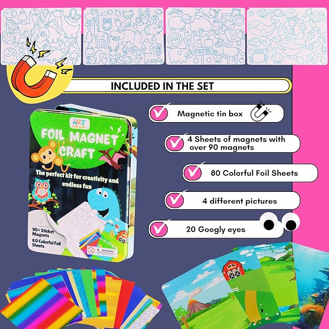 Foil Fun Art Kit for Kids - Reusable Animal Foil Art for Girls & Boys, DIY Mess-Free Girls Craft Kit w/Magnets, Ideal Travel Toy & in Car Activities for Kids Ages 4 5 6 7 8 9 10 11 12