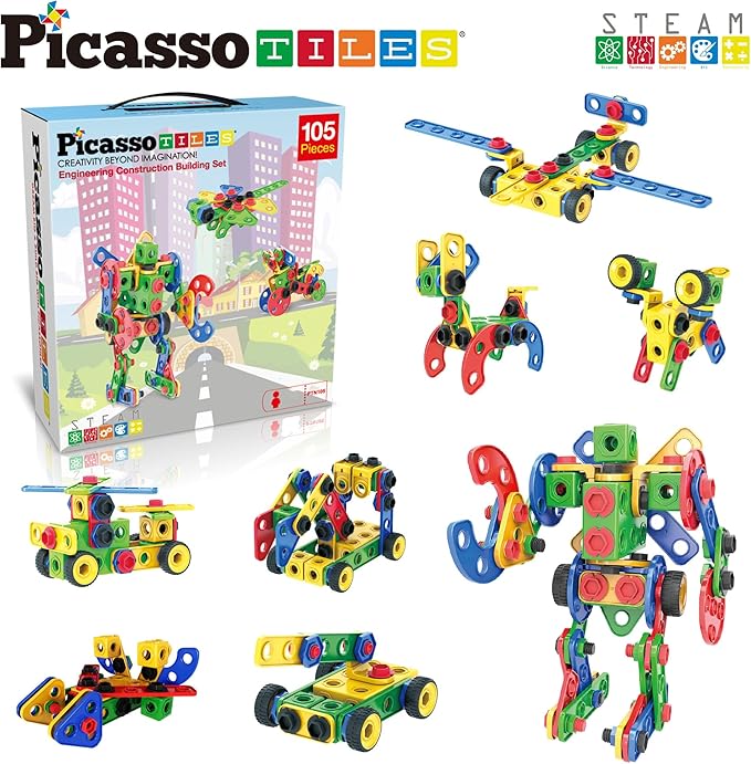 PicassoTiles STEM Learning Toys 105 Piece Building Block Set Kids Construction Engineering Kit Toy Blocks Children Early Education Playset w/IdeaBook, Power Drill, Clickable Ratchet, Age 3+ PTN105