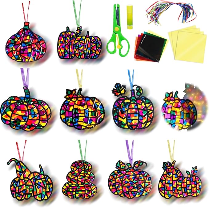 EggSun 36 Sets Fall Halloween Pumpkin Suncatchers Craft for Kids Ornaments Stained Glass Window Arts and Crafts Kit for Thanksgiving Classroom Holiday Projects Home Party Favors Decorations Age 4 8 12