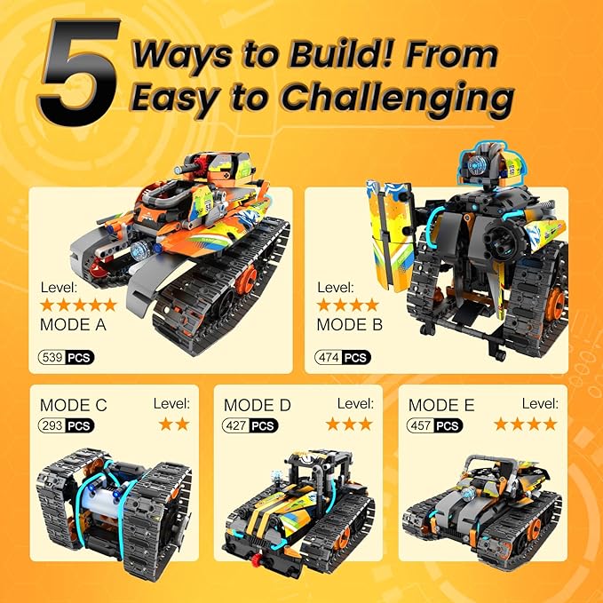 5 in 1 STEM Building Toys for Kids 6-14, Remote & APP Controlled Stunt Tank Robot Race Car Building Kit, 554 PCS Erecor Set with Cool Lights, for 8,9,10,11,12+ Year Old Boys